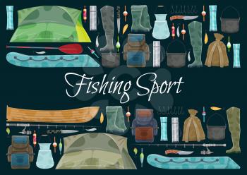 Fishing sport banner with fishing equipment border. Fishing rod, hook and bait, fisherman tackle, reel and boat, tent, boot and backpack, bucket and knife for fisher accessory and tourist tool design