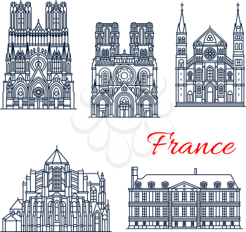French travel landmark of Roman Catholic Church architecture thin line icon set. Abbey of Saint-Remi, Archbishop Palace of Tau, Cathedral of Laon, Reims and Soissons for tourism design