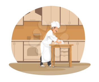 Baker making bread cartoon icon for bakery design. Pastry chef in white uniform hat kneading dough for bread, pastry and dessert at kitchen for bakery and restaurant professions themes design
