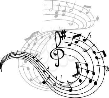 Music note stave icon of musical notation symbols. Swirling musical staff with notes of different duration, treble clef and sharp sign of key signatures with shadow reflection for music, sound design