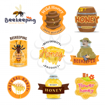 Honey natural food label set of beekeeping farm organic product. Bee, honeycomb and beehive, honey jar, dipper and barrel, beekeeper and apiary for honey packaging emblem and tag design
