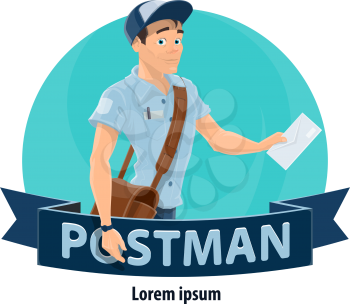 Postman with mailbag and letter cartoon icon. Mailman in blue uniform and hat delivering letter envelope symbol with ribbon banner for postal office worker and delivery service profession design