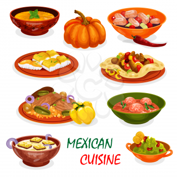 Mexican cuisine icon of dinner dishes and appetizers. Corn tortilla with meat taco, avocado guacamole and seafood ceviche, meatball tomato soup, fried fish and beef rice, onion and pumpkin cream soup