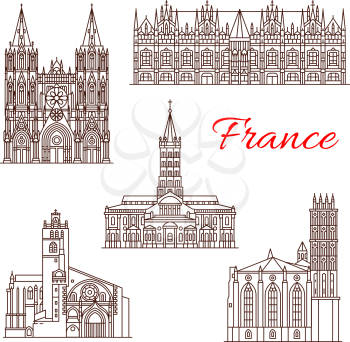 French travel landmark icon set with linear architecture sight. Roman Catholic Basilica of St Sernin, Toulouse Cathedral and Church of the Jacobins, gothic St Owen Abbey Church and Parliament of Rouen