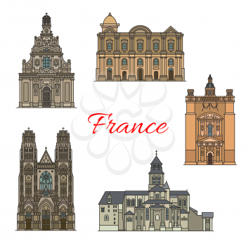 French travel landmark icon with religious tourist sights. St Gatien Cathedral, Taal Basilica and Abbey of Fontevraud, St Peter Church and Holy Cross Church linear symbol for faith tourism design