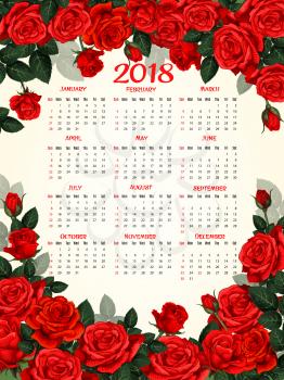 Calendar template with red rose flower frame. Floral year calendar design, decorated by flower of garden rose with red blossom, bud and green leaf branch border