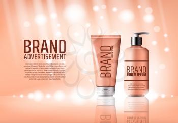 Cosmetic product brand advertising 3d poster. Beauty cream bottle promotion banner of skin care lotion pump packaging and tube mockup with shining pink background for beauty salon and spa design