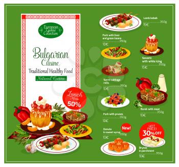 Bulgarian cuisine restaurant menu template with healthy food. Grilled lamb kebab, cabbage roll and meat pie, liver salad with pepper and bean, baked pork with prune, fried cheese, donut and cake