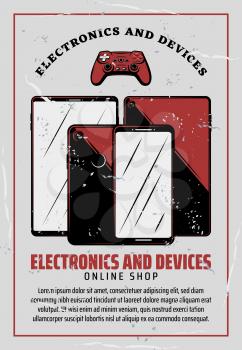 Electronic device retro poster of digital technology design. Mobile phone, tablet computer and video game joystick vintage banner for gadget online shop promotion template