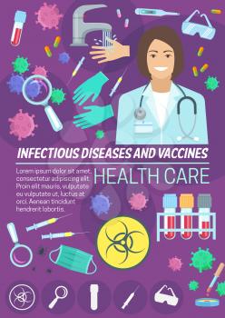 Infectious disease medicine and vaccine health care banner with doctor and laboratory research symbol. Infectiology poster with virus, pill and syringe, thermometer, stethoscope and blood test tube