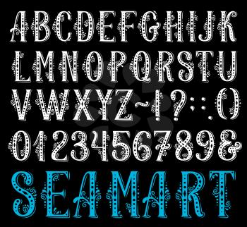 Alphabet retro font set of letter and number. Vintage typography type, decorated by floral ornament, curl and dot, uppercase alphabet symbol, digit, ampersand and punctuation mark for typeface design