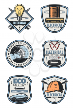 Electrical service and electricity supply badge with retro equipment. Energy cable, light bulb and pliers, plug, battery and screwdriver, hard hat, hydro power station and eco car vintage icon design