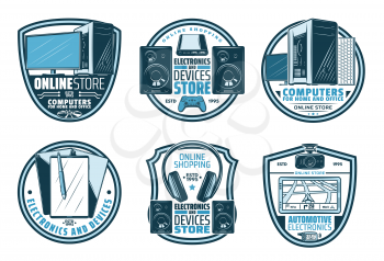 Electronic device and digital gadget retro icon. Computer, mobile phone and tablet, laptop, monitor and headphone, video game joystick, transport navigation gadget and tv screen vintage shield badge