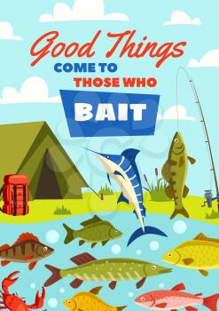 Fishing sport banner with fish catch and fisherman camp on river bank. Fishing rod, hook and bait with carp fish, blue marlin and perch, pike, trout and bream poster for outdoor activity, hobby design