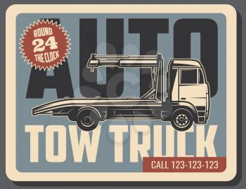 Tow truck retro grunge poster of emergency vehicle service. Towing and roadside assistance vintage banner with old wheel lift and flatbed truck for transportation themes design