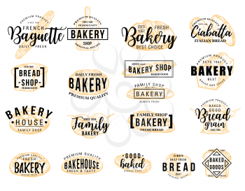 Bakery hand drawn lettering icon set with wheat food sketch. Bread loaf, baguette and croissant, toast, sweet bun and ciabatta isolated symbol for Bakery signboard or Bread Shop label design