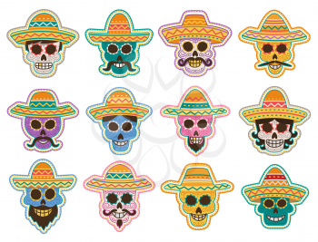 Day of the Dead skull icon for mexican halloween holiday symbol. Sugar skull of human skeleton shape with sombrero hat, decorated by floral ornament, moustache and beard for Aztec festival design