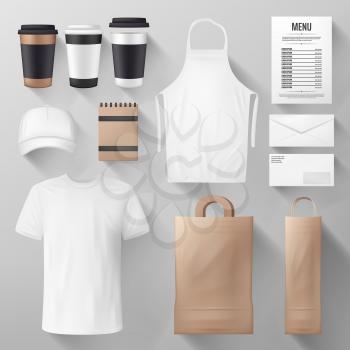 Restaurant, cafe and coffee shop corporate identity. Mockup template of food package, menu, paper cup and bag, uniform apron, t-shirt and cap, notebook and envelope for business branding design