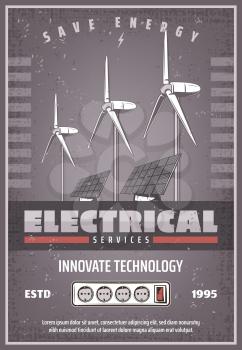 Save energy retro banner for eco power innovate technology concept. Ecology solar panel and wind turbine electrical service vintage poster for green energy and environment protection design