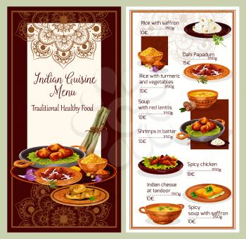 Indian cuisine restaurant menu template with healthy lunch dish list. Pita bread, served with vegetable rice, chicken curry and fried shrimp, fried feta cheese, lentil and saffron soup