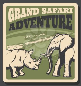 Safari animal vintage poster for hunting sport club design. African elephant and rhino savanna wild mammal with hunter rifle gun retro banner for hunting tour invitation template