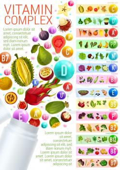 Natural vitamin complex banner with healthy vegetarian food sources. Organic vegetable, fruit and cereal, nut, berry and herb, organized by content of vitamin for dietetics medicine poster design