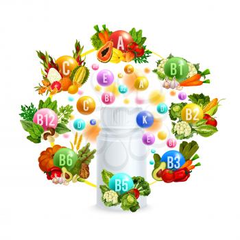 Vitamin bottle, surrounded with group of natural vegetarian food poster for diet supplement advertising. Pill and ball of vitamin complex with fruit, vegetable and spice herb, cereal and nuts banner
