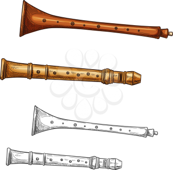 Karamoudzes and xiao flute woodwind musical instrument sketch of Greece and ancient China folk music. Wooden end blown flute for ethnic music festival or art history themes design