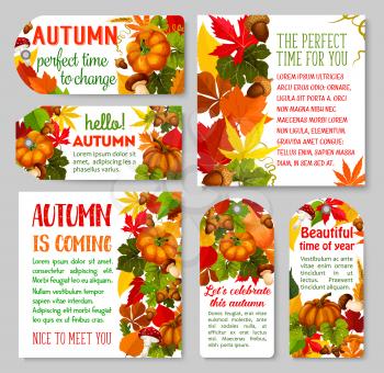 Autumn label and Thanksgiving Day gift tag set. Yellow september leaf, pumpkin vegetable, orange maple foliage, forest mushroom, acorn, chestnut and oak leaves for fall season greeting card design