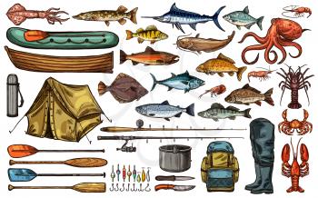 Fishing equipment, fish and fisherman tackle sketch set. Fishing rod, hook and bait, sea and river fish, boat, reel and lure, seafood, tent and boot isolated icon for fishing sport themes design