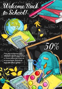 Welcome Back to School sketch banner or seasonal promo offer poster design template of vector school bag, geography globe or biology microscope and chemistry book and stationery pencil or maple leaf