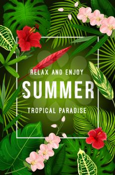 Summer tropical palm leaf and exotic flower for Hawaiian vacation and holiday banner template. Green foliage of monstera and fan palm, hibiscus, orchid and strelitzia flower frame for travel design