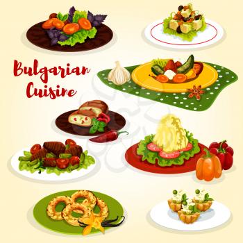 Bulgarian cuisine dinner menu icon. Pepper tomato stew lecho, mashed potato with cheese and fried bell pepper, bean beef stew, egg leek pie, nut cookie and cream cake with grapes