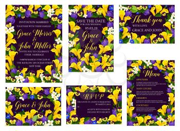 Wedding ceremony celebration floral banner for invitation template. Spring flower of crocus, calla lily, jasmine and pansy frame border for save the date, menu, thank you and RSVP response card design
