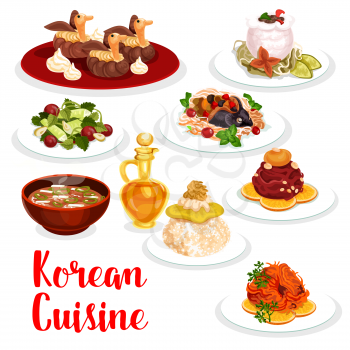 Korean cuisine restaurant dinner icon. Chicken rice, raw ground beef meat and cucumber salad, beef ribs in radish pot, spicy salted fish and pork soup with kimchi, stuffed carp fish and cream cake