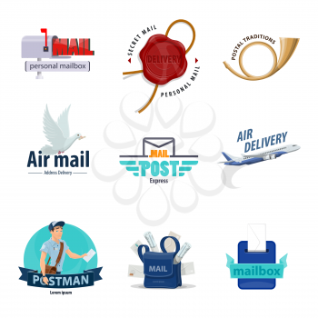Post service icon set for mail delivery themes design. Mailbox, letter envelope and postman, postbox, postal horn and mailman bag with correspondence, postal wax seal, airmail plane and pigeon symbol