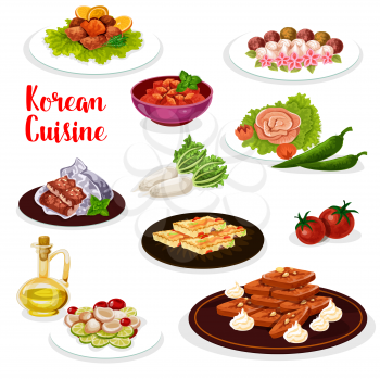 Korean cuisine dinner icon with seafood and vegetable dish. Spicy marinated radish and fish, seafood vegetable salad and ginger cookie, vegetable egg omelette, baked trout and eel, sweets and cake
