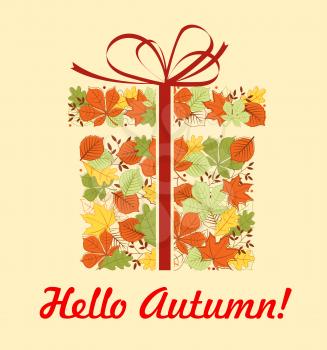 Hello Autumn greeting card of gift box with fallen leaf. Red, yellow and green autumn foliage of maple, chestnut and oak tree in a shape of present with red ribbon bow for Fall Season celebration