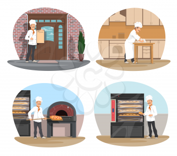 Baker at work cartoon icon set for bakery, pizzeria and pastry shop design. Baker in white hat making bread, pizza chef take out pizza from stove, pastry chef standing in front of restaurant with menu