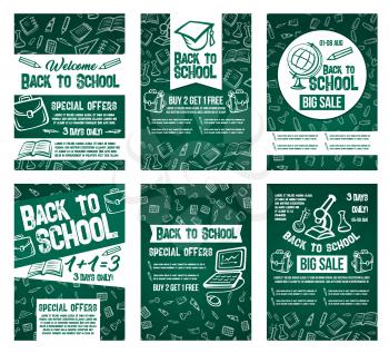 Back to School sale posters set for big special seasonal school promo discount offer. Vector web banners sale template design of school supplies and stationery pattern on green chalkboard background
