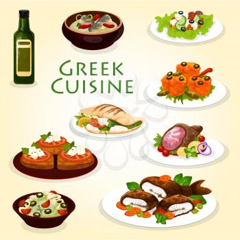 Greek dinner icon with healthy mediterranean cuisine food. Vegetable and cheese salad, meat and feta in pita bread gyro, fish soup and cucumber yogurt sauce tzatziki, grilled fish, lamb and cheese