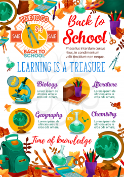 Back to School seasonal sale poster for school bag or lesson study stationery. Vector September discount promo offer for book or notebook and mathematics calculator, ggeography lobe or pen and pencil
