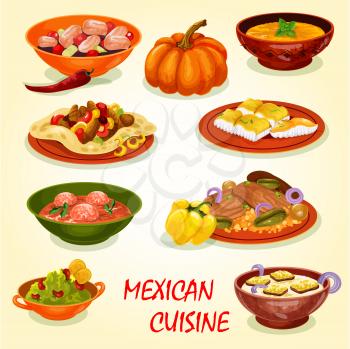 Mexican cuisine restaurant lunch icon with savory dish. Meat taco salad in corn tortilla, fried fish and seafood ceviche, avocado sauce guacamole, beef rice, meatball tomato and pumpkin cream soup