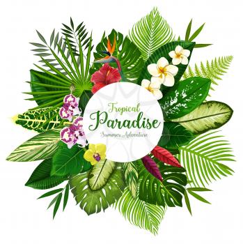 Summer holidays banner of tropical palm leaf and hawaiian flower. Exotic floral bouquet of hibiscus, plumeria, orchid and strelitzia flower, fern, monstera, fan and areca palm for invitation design