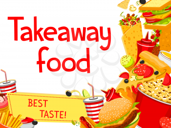 Fast food restaurant takeaway menu template or cafe poster tags of fastfood burgers or sandwiches and snacks. Vector combo meals of hot dog and fries or coffee and soda drink, pizza and chicken nugget