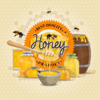 Honey quality product design for honey label or poster of bees and honeycomb background. Vector flat honey splash drops flowing on dipper spoon, jars and wooden barrels for beekeeping industry
