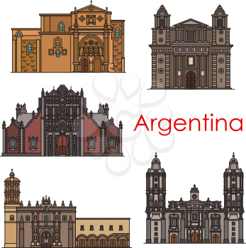 Argentina travel building landmarks and sightseeing architecture line icons. Vector set of Argenitinian churches and sanctuary cathedrals of Buenos Aires Santo Domingo and Sagrario Metropolitana