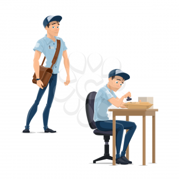 Postman at work in post office vector flat icons of mailman working. Isolated postman character in uniform with messenger bag delivering parcels or stamping postage stamps on envelopes