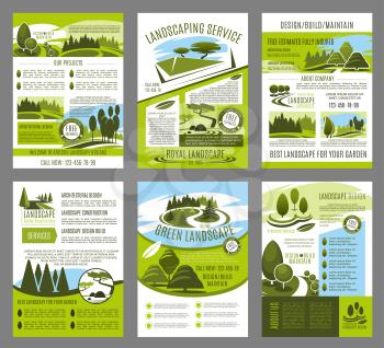 Landscape design and green garden build brochure template for landscaping company or horticulture service. Vector design of park trees or garden nature for city forest eco architects