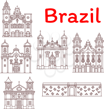 Brazil architecture landmarks and famous building facade line icons. Vector set of Brazilian Castello Fort, churches and cathedrals in Rio de Janeiro, and basilica monastery in Sao Paolo